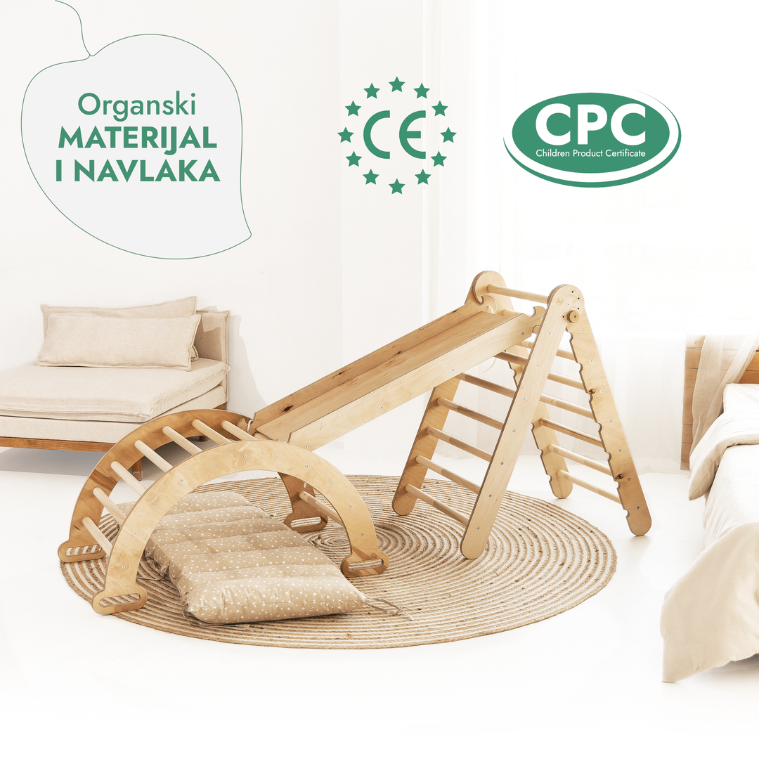 4-u-1 Montessori set za penjanje: Trokutaste ljestve + Luk za penjanje + Daska za spuštanje i Jastuk