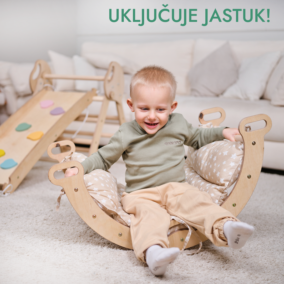 4-u-1 Montessori set za penjanje: trokutaste ljestve + luk za penjanje + daska za spuštanje + jastuk (1 – 3 god.)