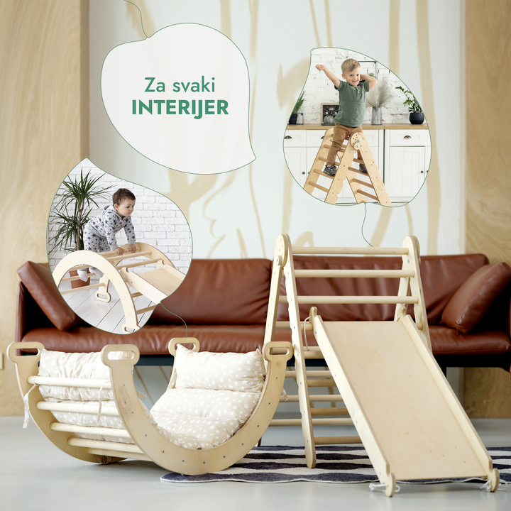 4-u-1 Montessori set za penjanje: Trokutaste ljestve + Luk za penjanje + Daska za spuštanje i Jastuk