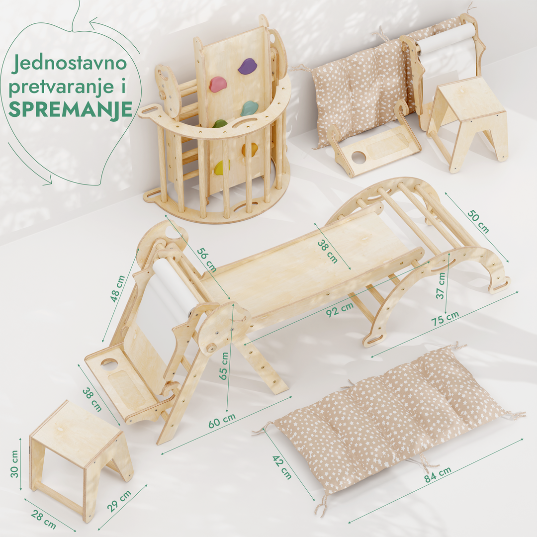 5-u-1 Montessori set za penjanje: trokutaste ljestve + luk za penjanje + daska za spuštanje + jastuk + Umjetnički dodatak (1 – 3 god.)