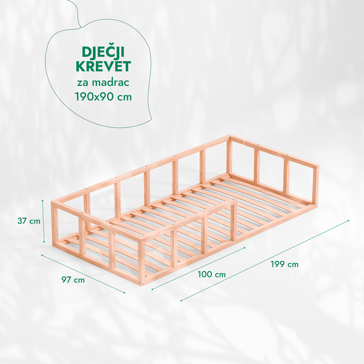 Okvir za Montessori Podni Krevet za malu Djecu s Ogradom