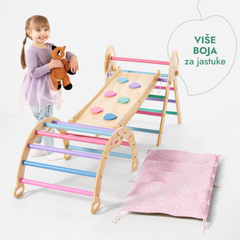 4-u-1 Montessori Set za Penjanje: Piklerov trokut, Luk, Daska za klizanje i jastuk za malu djecu (1–3 godine) – Pastelne Boje