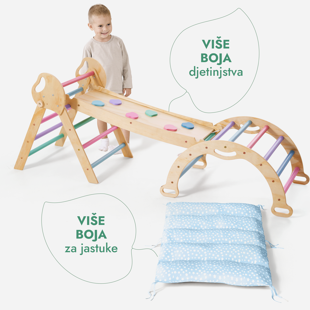 4-u-1 Montessori Set za Penjanje: Piklerov trokut, Luk, Daska za klizanje i jastuk za malu djecu (1–3 godine) – Pastelne Boje