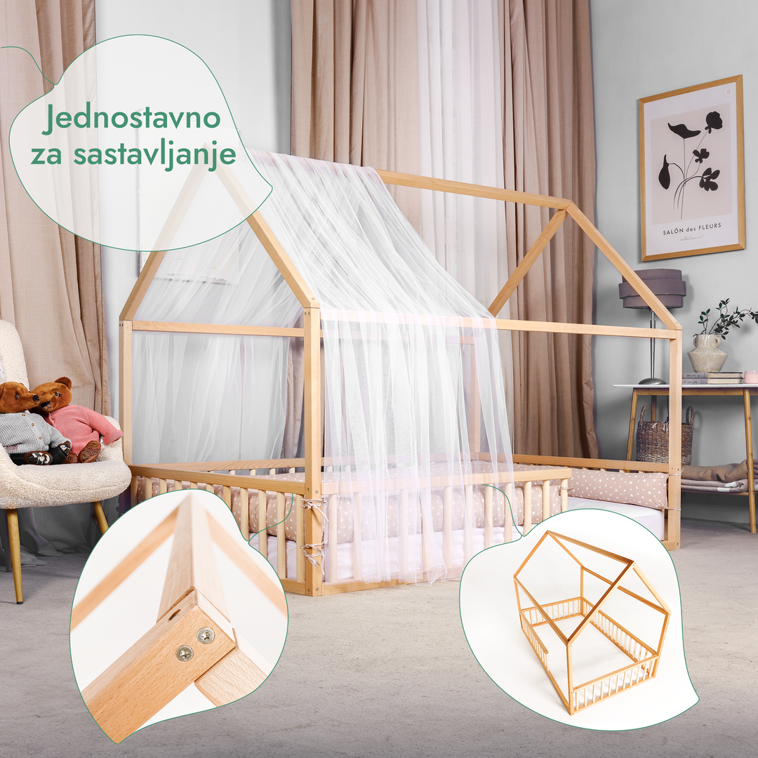 Drveni Montessori podni krevet u obliku kućice s ogradom i krovom za djecu