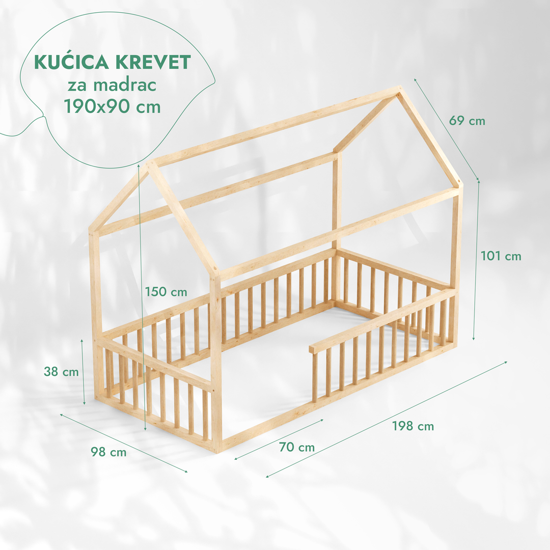 Drveni Montessori podni krevet u obliku kućice s ogradom i krovom za djecu
