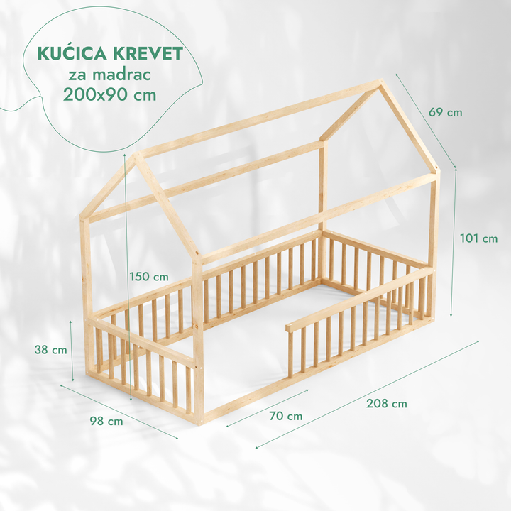 Drveni Montessori podni krevet u obliku kućice s ogradom i krovom za djecu