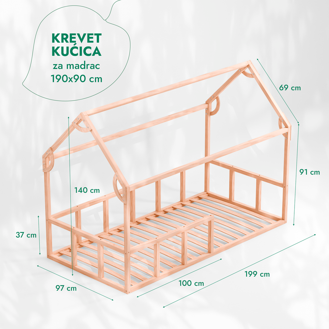 Drveni Montessori podni krevet u obliku kućice s ogradom i krovom za djecu