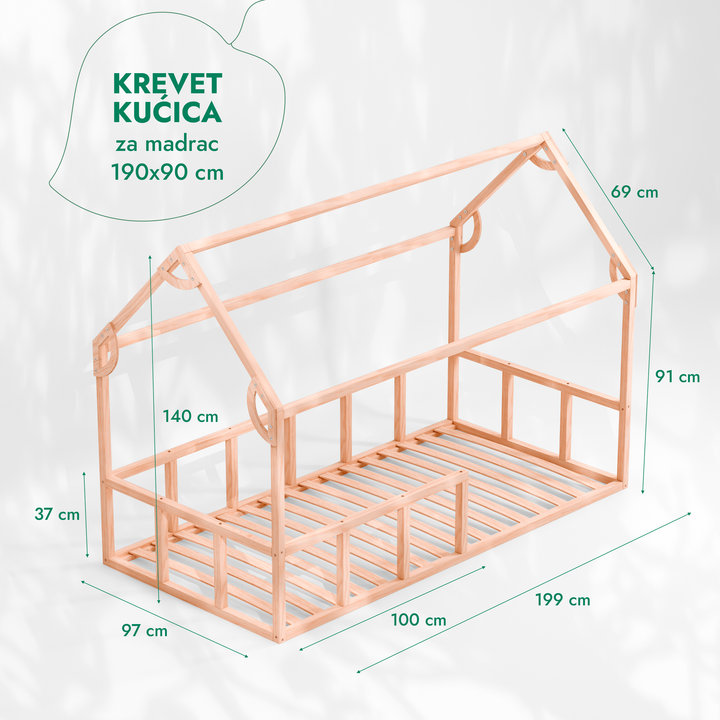 Drveni Montessori podni krevet u obliku kućice s ogradom i krovom za djecu