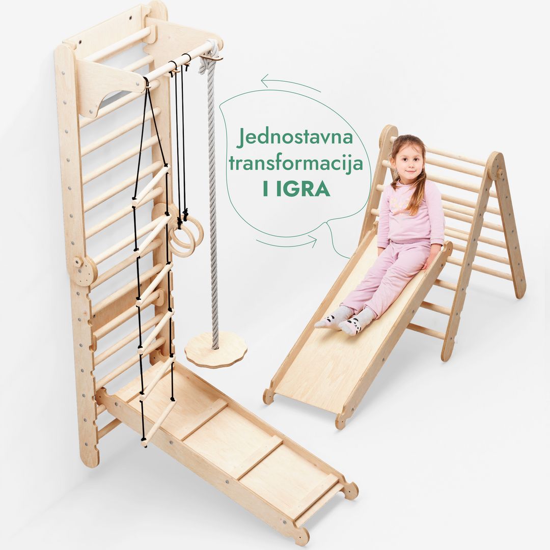 6-u-1 Drvene švedske ljestve / Dječje ljestve za penjanje + Set ljuljački + Daska za spuštanje