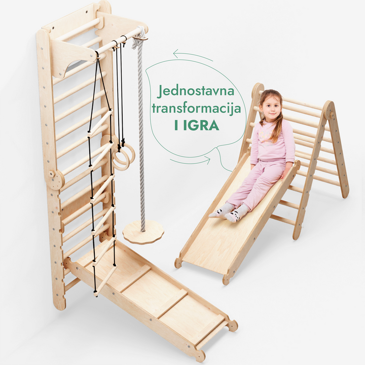 6-u-1 Drvene švedske ljestve / Dječje ljestve za penjanje + Set ljuljački + Daska za spuštanje