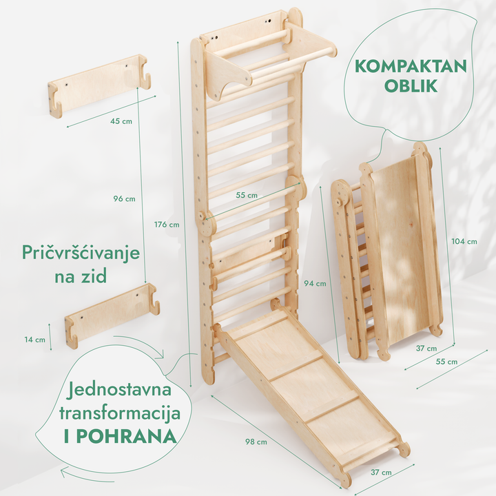 6-u-1 Drvene švedske ljestve / Dječje ljestve za penjanje + Set ljuljački + Daska za spuštanje