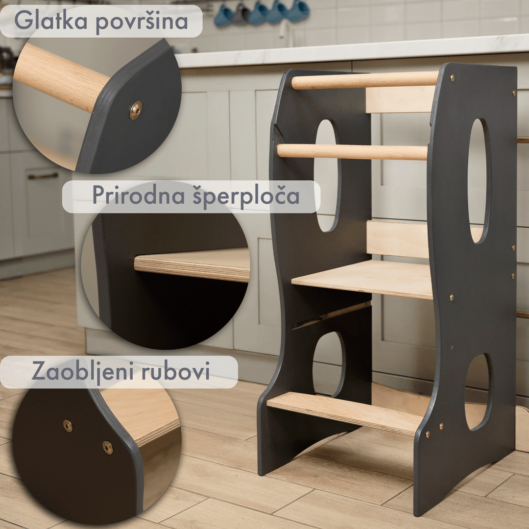 Montessori toranj za učenje: pomagač u kuhinji – siva boja