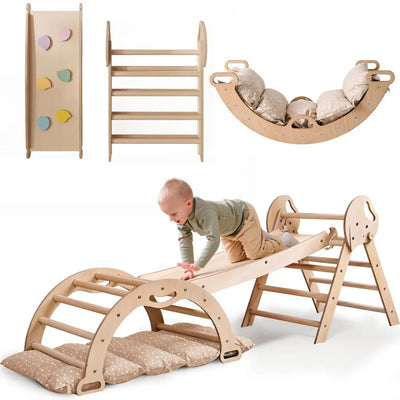 4-u-1 Montessori set za penjanje: trokutaste ljestve + luk za penjanje + daska za spuštanje + jastuk (1 – 3 god.)