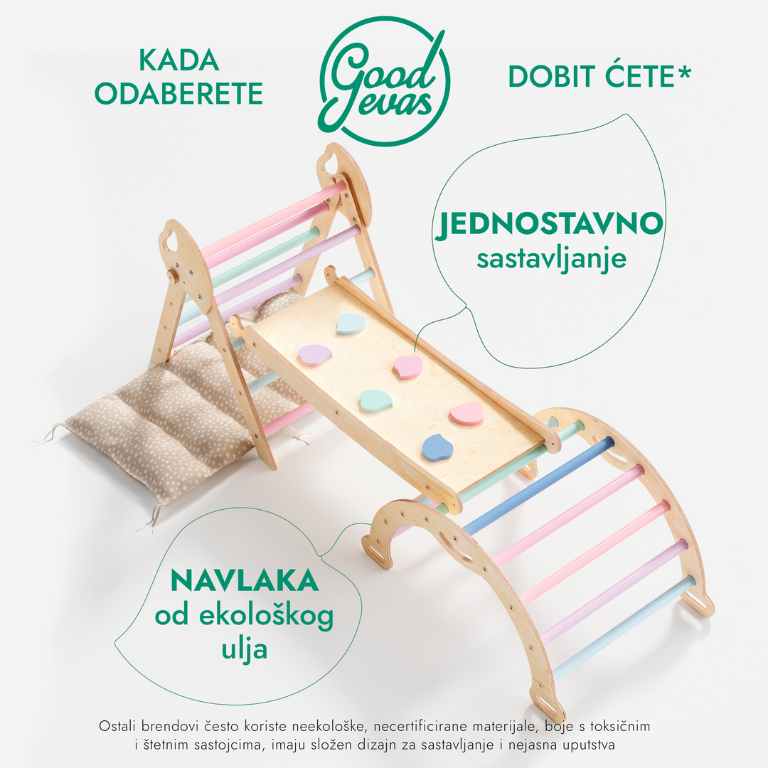 4-u-1 Montessori Set za Penjanje: Piklerov trokut, Luk, Daska za klizanje i jastuk za malu djecu (1–3 godine) – Pastelne Boje