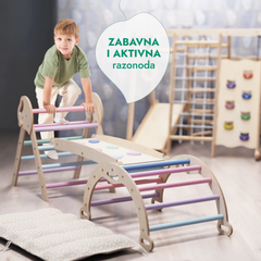 4-u-1 Montessori Set za Penjanje: Piklerov trokut, Luk, Daska za klizanje i jastuk za malu djecu (1–3 godine) – Pastelne Boje
