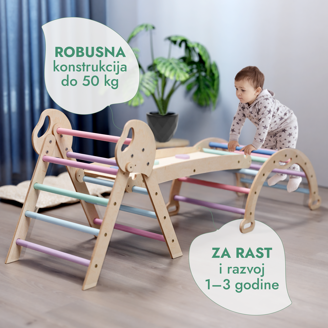 4-u-1 Montessori Set za Penjanje: Piklerov trokut, Luk, Daska za klizanje i jastuk za malu djecu (1–3 godine) – Pastelne Boje
