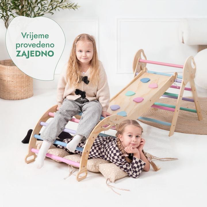 4-u-1 Montessori Set za Penjanje: Piklerov trokut, Luk, Daska za klizanje i jastuk za malu djecu (1–3 godine) – Pastelne Boje