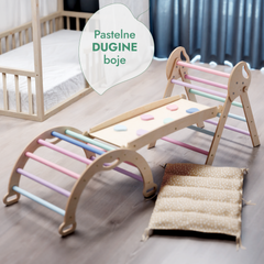 4-u-1 Montessori Set za Penjanje: Piklerov trokut, Luk, Daska za klizanje i jastuk za malu djecu (1–3 godine) – Pastelne Boje