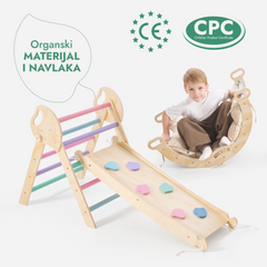 4-u-1 Montessori Set za Penjanje: Piklerov trokut, Luk, Daska za klizanje i jastuk za malu djecu (1–3 godine) – Pastelne Boje