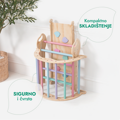 4-u-1 Montessori Set za Penjanje: Piklerov trokut, Luk, Daska za klizanje i jastuk za malu djecu (1–3 godine) – Pastelne Boje