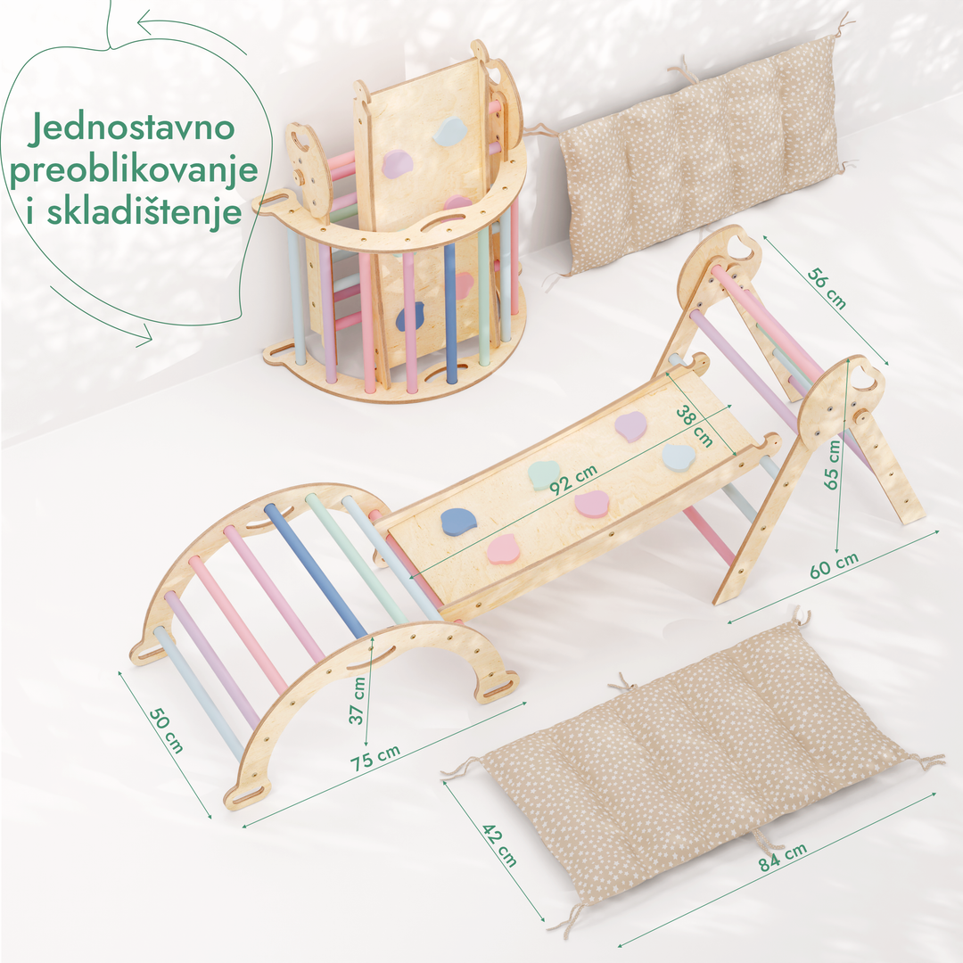 4-u-1 Montessori Set za Penjanje: Piklerov trokut, Luk, Daska za klizanje i jastuk za malu djecu (1–3 godine) – Pastelne Boje