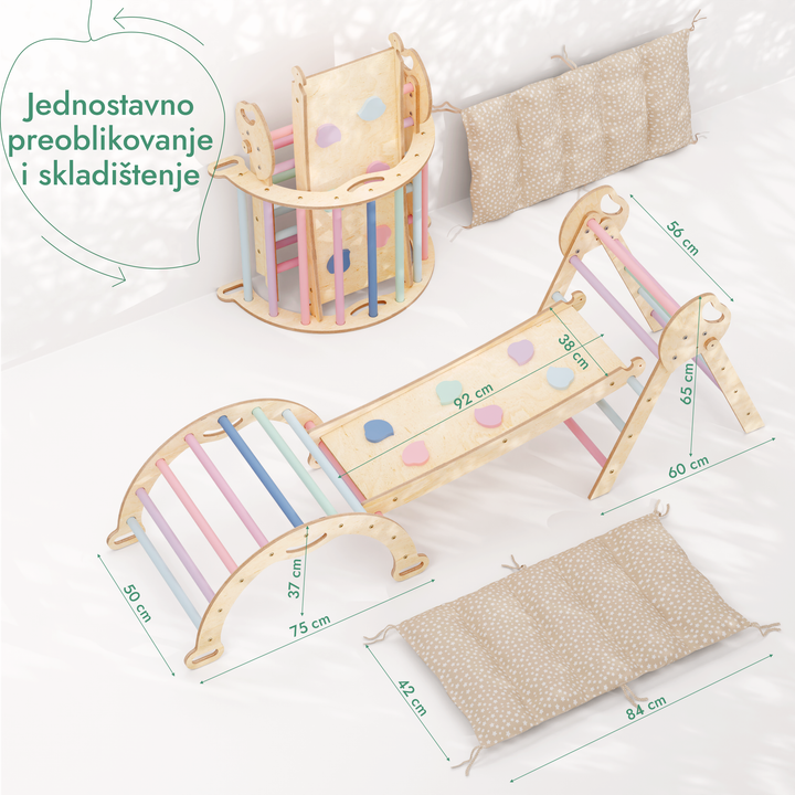 4-u-1 Montessori Set za Penjanje: Piklerov trokut, Luk, Daska za klizanje i jastuk za malu djecu (1–3 godine) – Pastelne Boje