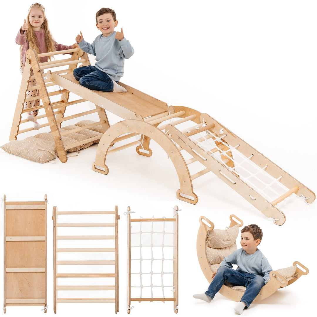 Montessori set za penjanje 5-u-1: Piklerov trokut + Luk za penjanje i ljuljanje + Mreža za penjanje + Tobogan / Penjalica + Jastuk