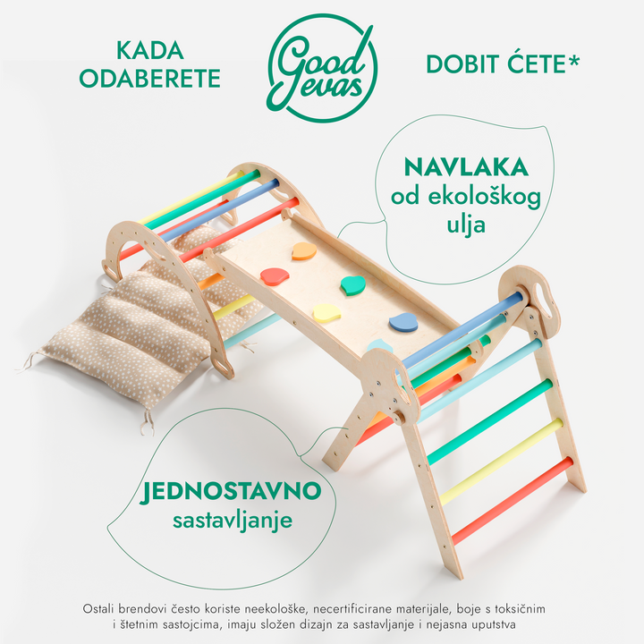 4-u-1 Montessori Set za Penjanje: Piklerov trokut, Luk, Daska za klizanje i jastuk za malu djecu (1–3 godine) - Dugina