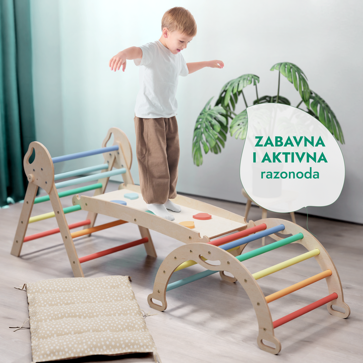 4-u-1 Montessori Set za Penjanje: Piklerov trokut, Luk, Daska za klizanje i jastuk za malu djecu (1–3 godine) - Dugina
