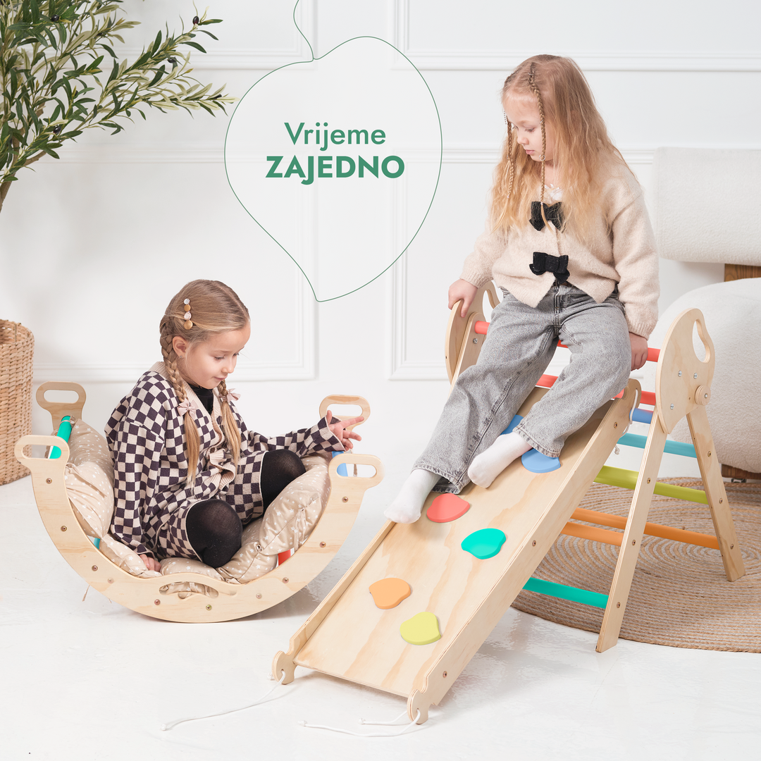 4-u-1 Montessori Set za Penjanje: Piklerov trokut, Luk, Daska za klizanje i jastuk za malu djecu (1–3 godine) - Dugina