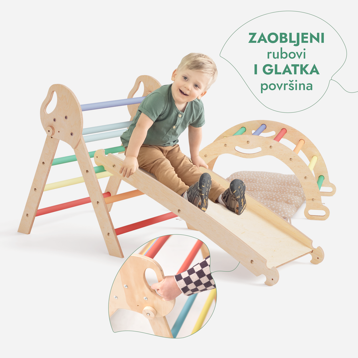 4-u-1 Montessori Set za Penjanje: Piklerov trokut, Luk, Daska za klizanje i jastuk za malu djecu (1–3 godine) - Dugina