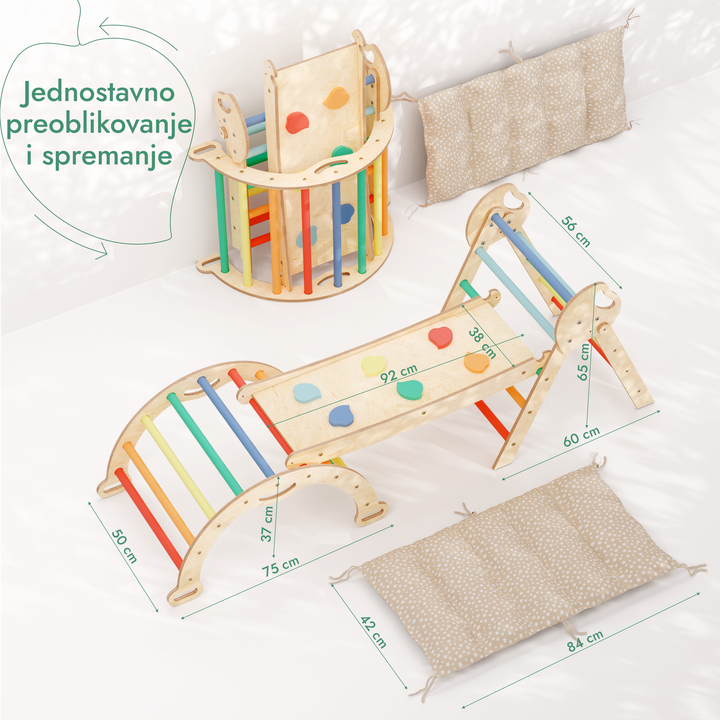 4-u-1 Montessori Set za Penjanje: Piklerov trokut, Luk, Daska za klizanje i jastuk za malu djecu (1–3 godine) - Dugina