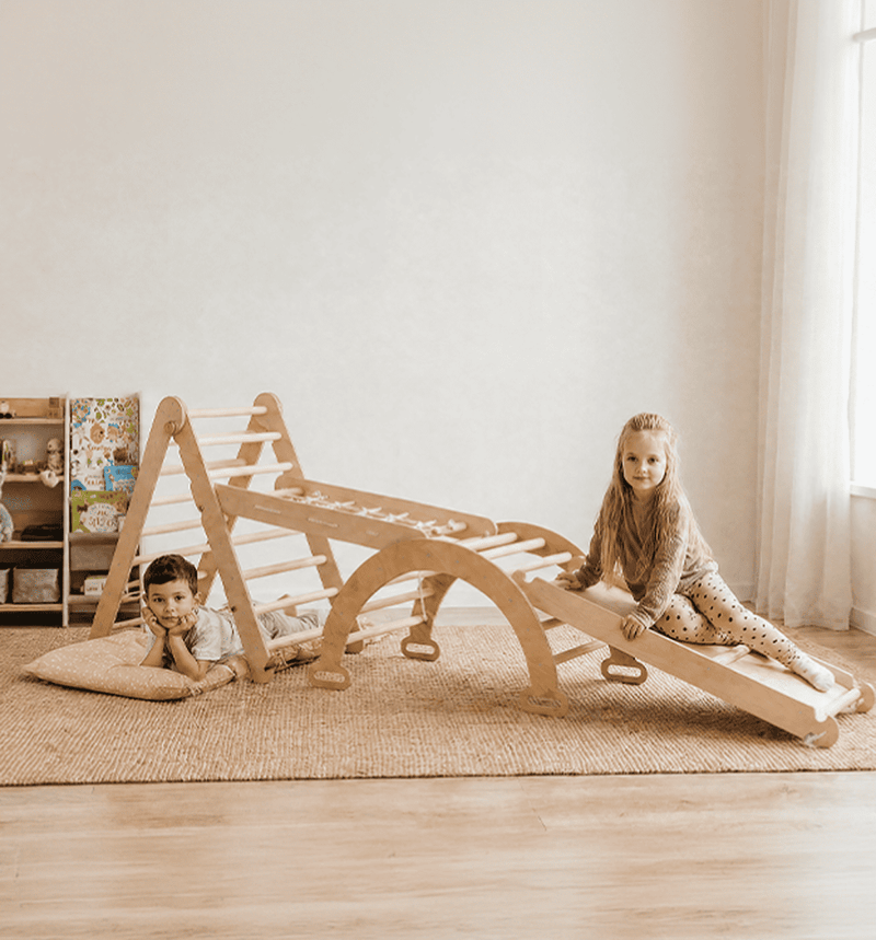 4-u-1 Montessori set za penjanje: Trokutaste ljestve + Luk za penjanje + Daska za spuštanje + Mreža
