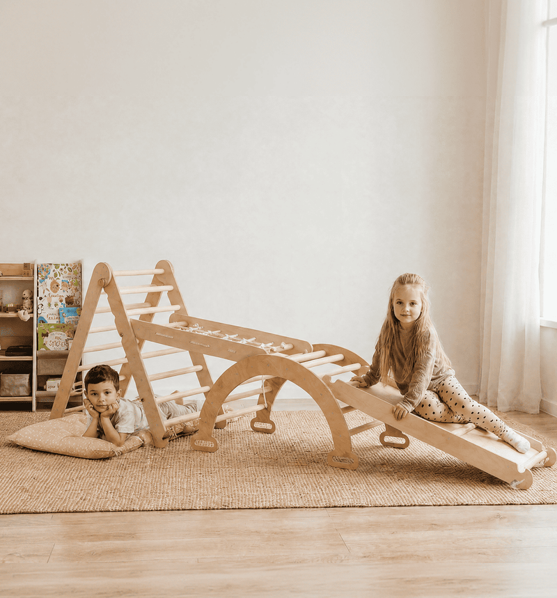 Montessori set za penjanje 5-u-1: Piklerov trokut + Luk za penjanje i ljuljanje + Mreža za penjanje + Tobogan / Penjalica + Jastuk